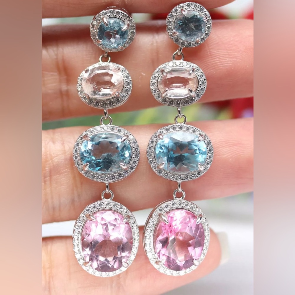 Spectacular earrings with Blue Topaz, Morganite and CZ in Sterling Silver